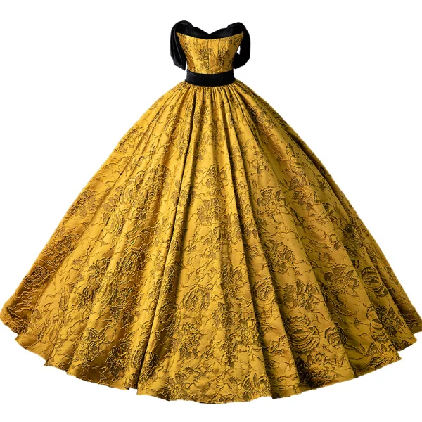 Élégant Noire Doré Impression Robe De Bal 2024 Robe Boule Bustier Sans Manches Dos Nu Longue Promo Robe De Ceremonie
