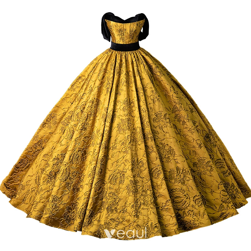 Vintage / Retro Gold Black Printing Ball Gown Corset Backless Floor-Length / Long Prom Formal Y7157