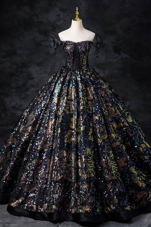 Sparkly Multi-Colors Sequins Black Prom Dresses 2024 Ball Gown Off-The-Shoulder Sleeveless Backless Floor-Length / Long Prom Formal Dresses