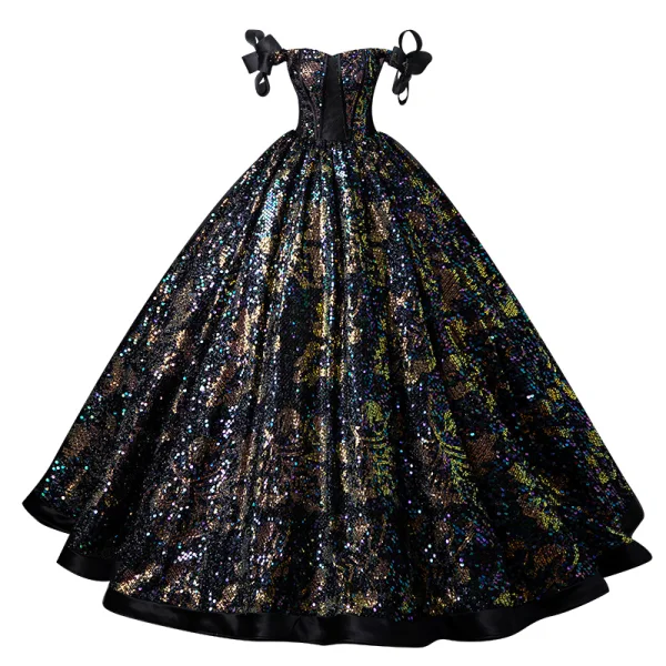 Sparkly Multi-Colors Sequins Black Prom Dresses 2024 Ball Gown Off-The-Shoulder Sleeveless Backless Floor-Length / Long Prom Formal Dresses