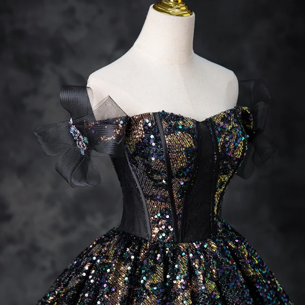 Sparkly Multi-Colors Sequins Black Prom Dresses 2024 Ball Gown Off-The-Shoulder Sleeveless Backless Floor-Length / Long Prom Formal Dresses