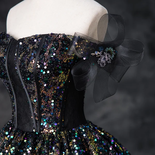 Sparkly Multi-Colors Sequins Black Prom Dresses 2024 Ball Gown Off-The-Shoulder Sleeveless Backless Floor-Length / Long Prom Formal Dresses