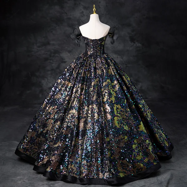 Sparkly Multi-Colors Sequins Black Prom Dresses 2024 Ball Gown Off-The-Shoulder Sleeveless Backless Floor-Length / Long Prom Formal Dresses