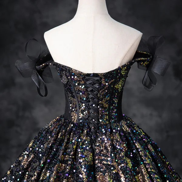 Sparkly Multi-Colors Sequins Black Prom Dresses 2024 Ball Gown Off-The-Shoulder Sleeveless Backless Floor-Length / Long Prom Formal Dresses