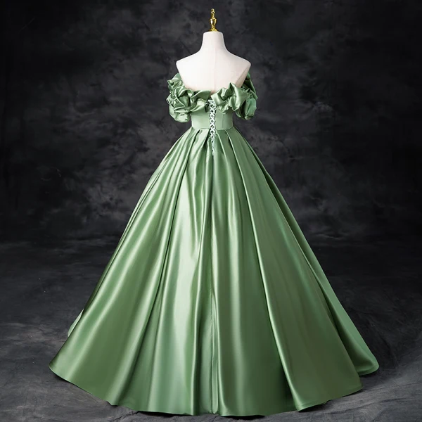 Elegant Sage Green Prom Dresses 2024 Ball Gown Ruffle Off-The-Shoulder Short Sleeve Backless Floor-Length / Long Prom Formal Dresses