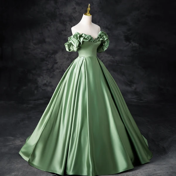 Elegant Sage Green Prom Dresses 2024 Ball Gown Ruffle Off-The-Shoulder Short Sleeve Backless Floor-Length / Long Prom Formal Dresses