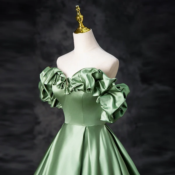 Elegant Sage Green Prom Dresses 2024 Ball Gown Ruffle Off-The-Shoulder Short Sleeve Backless Floor-Length / Long Prom Formal Dresses