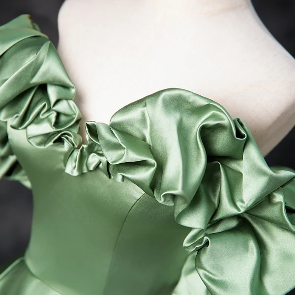 Elegant Sage Green Prom Dresses 2024 Ball Gown Ruffle Off-The-Shoulder Short Sleeve Backless Floor-Length / Long Prom Formal Dresses