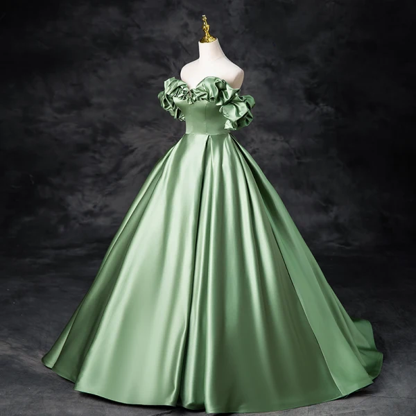 Elegant Sage Green Prom Dresses 2024 Ball Gown Ruffle Off-The-Shoulder Short Sleeve Backless Floor-Length / Long Prom Formal Dresses
