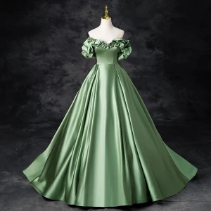 Élégant Vert Cendré Robe De Bal 2024 Robe Boule Volants De L Épaule Manches Courtes Dos Nu Longue Promo Robe De Ceremonie