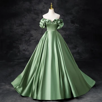 Élégant Vert Cendré Robe De Bal 2024 Robe Boule Volants De L Épaule Manches Courtes Dos Nu Longue Promo Robe De Ceremonie
