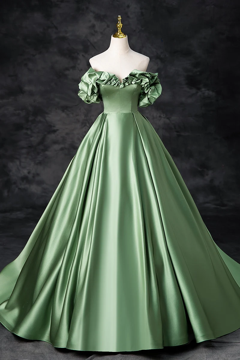green emerald velvet dress Dusty Sage Green Prom Dresses A-Line V-Neck Off The Shoulder Long Stretch  Satin Prom Dresses With Split main image 0