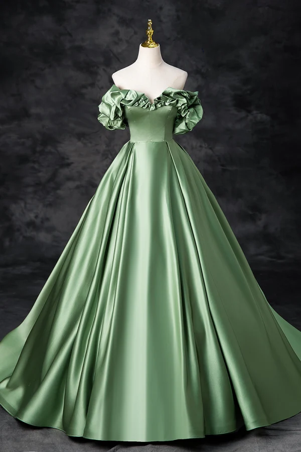 Elegant Sage Green Prom Dresses 2024 Ball Gown Ruffle Off-The-Shoulder Short Sleeve Backless Floor-Length / Long Prom Formal Dresses
