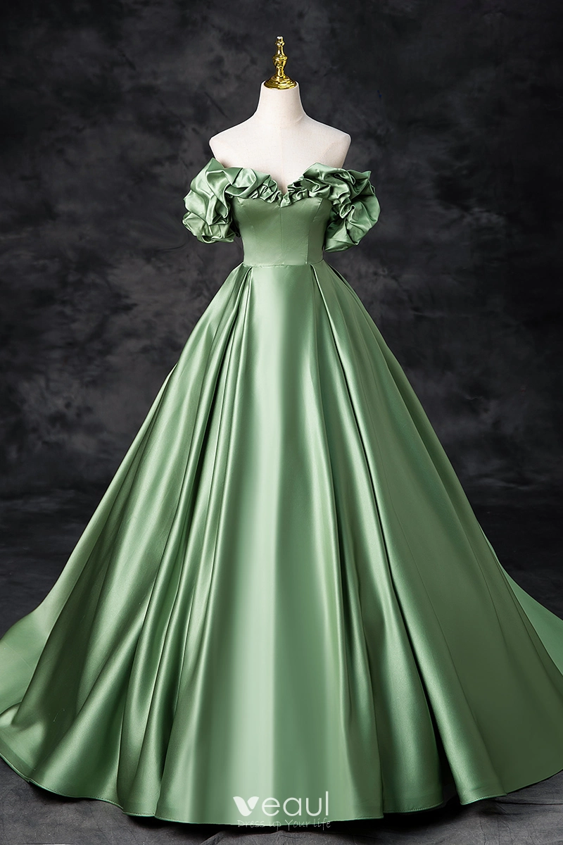 silk sage green prom dress Dusty Sage Green Prom Dresses Deep V-Neck Short Sleeves Stretch Satin