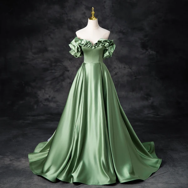 Elegant Sage Green Prom Dresses 2024 Ball Gown Ruffle Off-The-Shoulder  Short Sleeve Backless Floor-