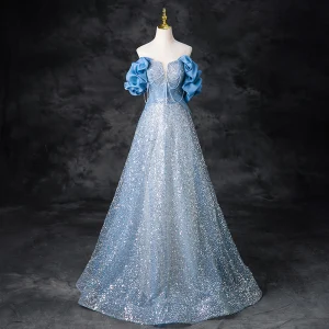 Scintillantes Bleu Ciel Perlage Paillettes Robe De Bal 2024 Princesse Bustier Volants Manches Courtes Dos Nu Longue Promo Robe De Ceremonie