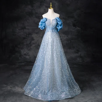 Scintillantes Bleu Ciel Perlage Paillettes Robe De Bal 2024 Princesse Bustier Volants Manches Courtes Dos Nu Longue Promo Robe De Ceremonie