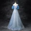 Glitzernden Himmelblau Perlenstickerei Pailletten Ballkleider 2024 A Linie Bandeau Rüschen Kurze Ärmel Rückenfreies Lange Ball Festliche Kleider