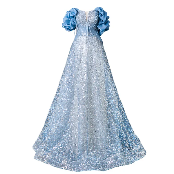 Glitzernden Himmelblau Perlenstickerei Pailletten Ballkleider 2024 A Linie Bandeau Rüschen Kurze Ärmel Rückenfreies Lange Ball Festliche Kleider