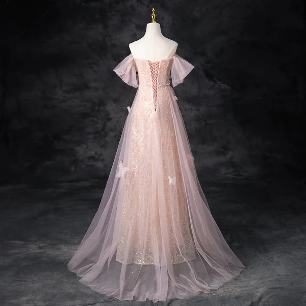 Charmant Rosa Perlenstickerei Perle Pailletten Gespaltete Front Ballkleider 2024 A Linie Bandeau Ärmellos Rückenfreies Lange Ball Festliche Kleider