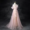 Charming Blushing Pink Beading Pearl Sequins Split Front Prom Dresses 2024 A-Line / Princess Strapless Sleeveless Backless Floor-Length / Long Prom Formal Dresses