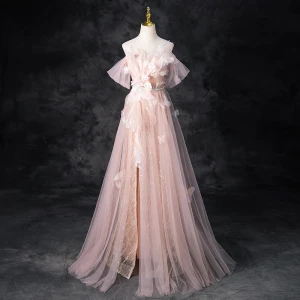 Sjarmerende Rødmende Rosa Beading Perle Paljetter Fendue Devant Ballkjoler 2024 Prinsesse Strapless Uten Ermer Ryggløse Lange Ball Formelle Kjoler