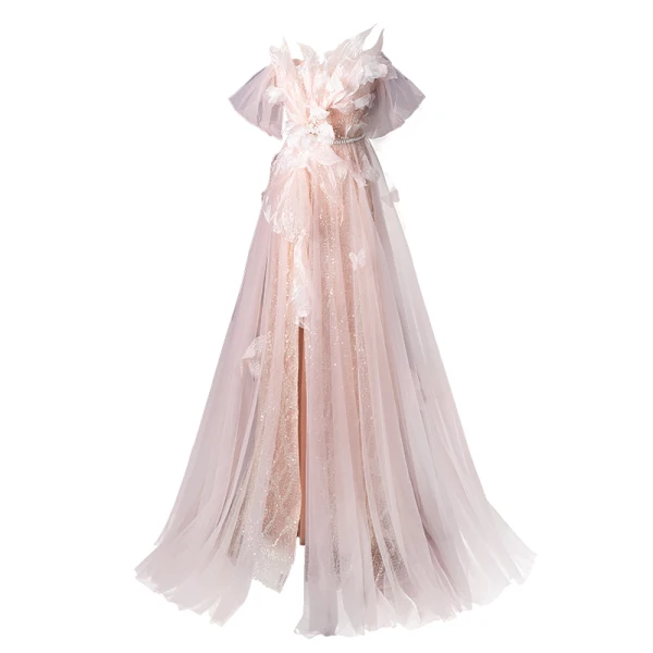Charmant Rosa Perlenstickerei Perle Pailletten Gespaltete Front Ballkleider 2024 A Linie Bandeau Ärmellos Rückenfreies Lange Ball Festliche Kleider