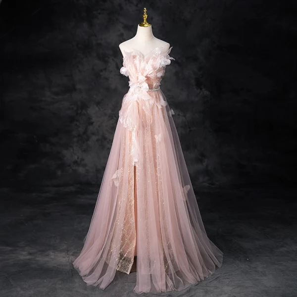 Charmant Rosa Perlenstickerei Perle Pailletten Gespaltete Front Ballkleider 2024 A Linie Bandeau Ärmellos Rückenfreies Lange Ball Festliche Kleider