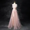Charming Blushing Pink Beading Pearl Sequins Split Front Prom Dresses 2024 A-Line / Princess Strapless Sleeveless Backless Floor-Length / Long Prom Formal Dresses