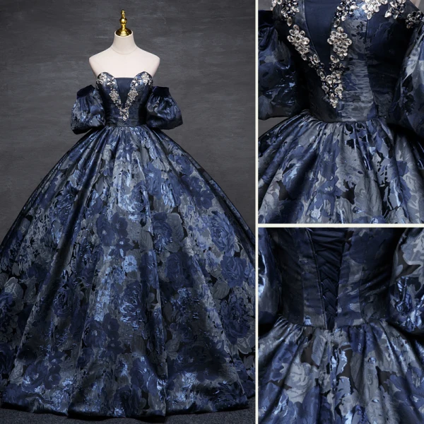 Vintage / Retro Navy Blue Printing Prom Dresses Ball Gown 2023 Strapless Puffy Short Sleeve Backless Floor-Length / Long Prom Formal Dresses