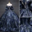 Vintage / Retro Navy Blue Printing Prom Dresses Ball Gown 2023 Strapless Puffy Short Sleeve Backless Floor-Length / Long Prom Formal Dresses