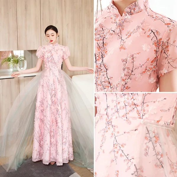Chic / Beautiful Blushing Pink Printing Prom Dresses 2023 A-Line / Princess High Neck Short Sleeve Floor-Length / Long Prom Formal Dresses