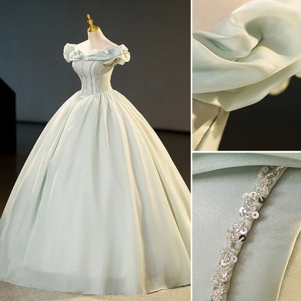 Elegant Sage Green Organza Sequins Prom Dresses 2023 Ball Gown Off-The-Shoulder Sleeveless Backless Floor-Length / Long Prom Formal Dresses