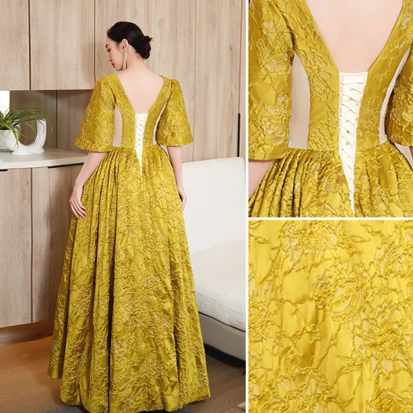 Elegant Gold Yellow Prom Dresses 2023 A-Line / Princess Square Neckline Short Sleeve Backless Floor-Length / Long Formal Dresses