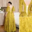 Elegant Gold Yellow Prom Dresses 2023 A-Line / Princess Square Neckline Short Sleeve Backless Floor-Length / Long Formal Dresses