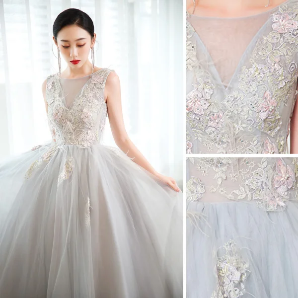 Chic / Beautiful Sky Blue Rhinestone Lace Flower Prom Dresses 2023 A-Line / Princess Scoop Neck Sleeveless Backless Floor-Length / Long Prom Formal Dresses