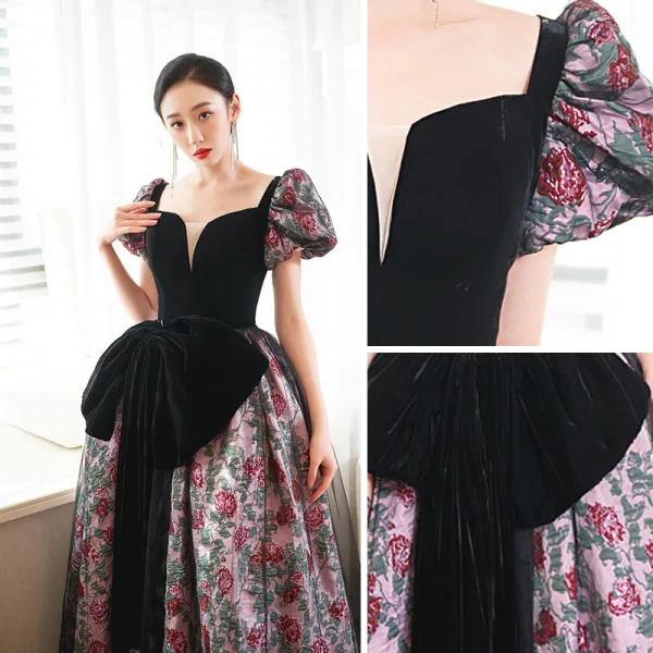 Élégant Noire Impression Robe De Bal 2023 Princesse Bretelles Spaghetti Manches Courtes Dos Nu Noeud Longue Promo Robe De Ceremonie