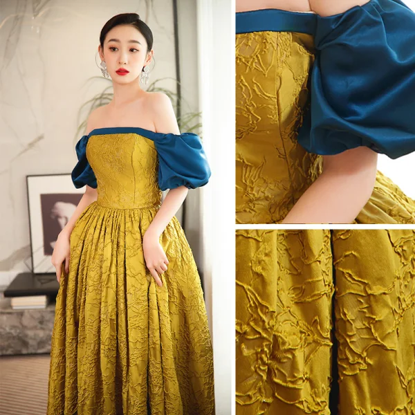 Elegant Gold Yellow Prom Dresses 2023 A-Line / Princess Off-The-Shoulder Short Sleeve Backless Floor-Length / Long Prom Formal Dresses