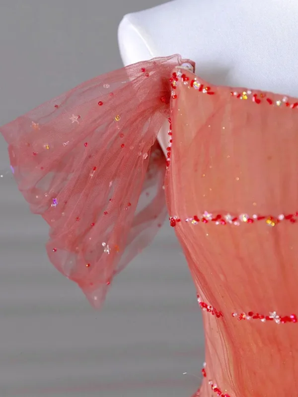 Schöne Wassermelone Perlenstickerei Pailletten Ballkleider 2024 A Linie Off Shoulder Kurze Ärmel Rückenfreies Lange Festliche Kleider