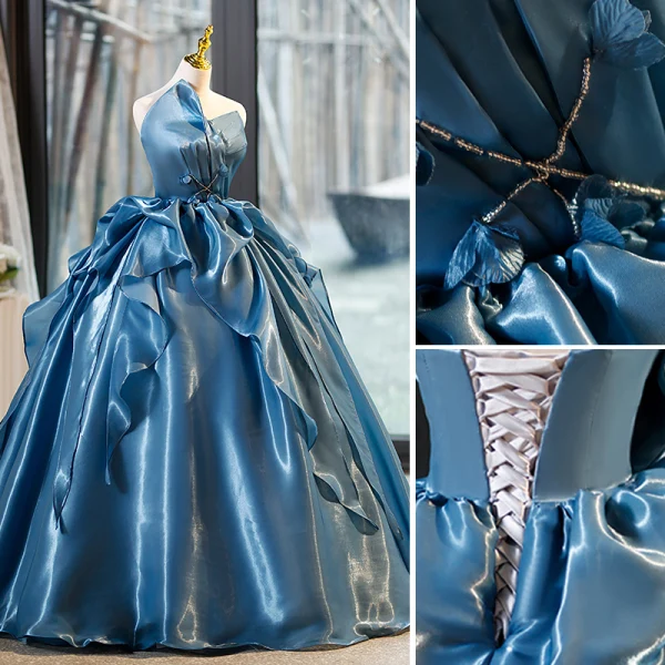 Elegant Ocean Blue Satin Cascading Ruffles Beading Prom Dresses 2023 A-Line / Princess Strapless Sleeveless Backless Floor-Length / Long Prom Formal Dresses
