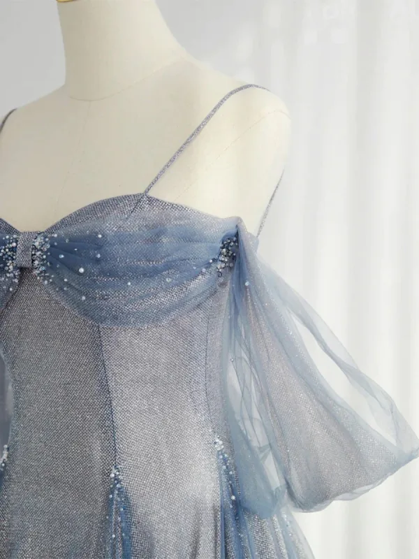 Sexy Bling Bling Sky Blue Beading Pearl Sequins Prom Dresses 2024 A-Line / Princess Spaghetti Straps Sleeveless Backless Floor-Length / Long Formal Dresses