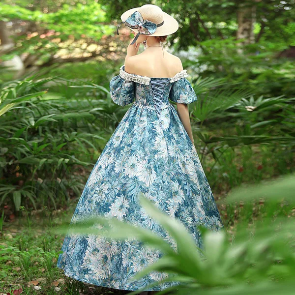 Chic / Beautiful Medieval Sky Blue Evening Dresses 2024 Flower Beading One-Shoulder Evening Party Cap Sleeves Vintage / Retro Ball Gown Prom Dresses