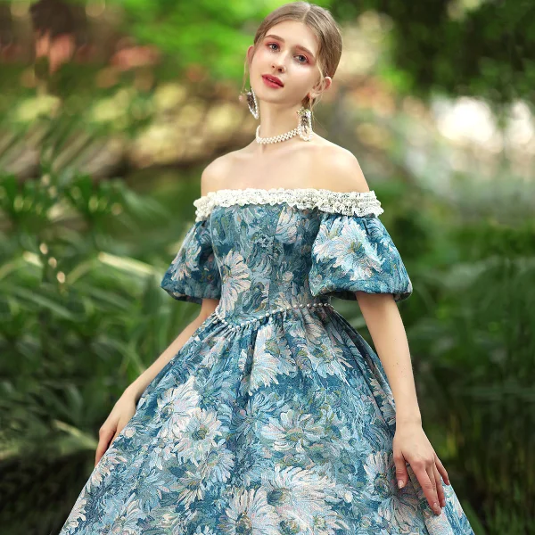 Chic / Beautiful Medieval Sky Blue Evening Dresses 2024 Flower Beading One-Shoulder Evening Party Cap Sleeves Vintage / Retro Ball Gown Prom Dresses