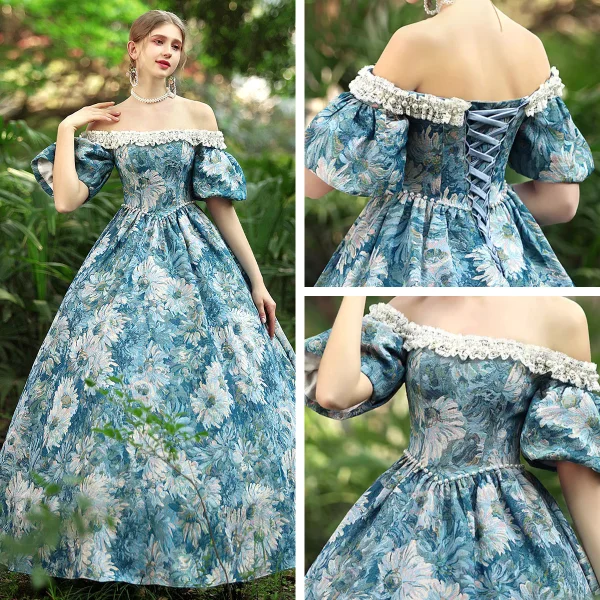 Chic / Beautiful Medieval Sky Blue Evening Dresses 2024 Flower Beading One-Shoulder Evening Party Cap Sleeves Vintage / Retro Ball Gown Prom Dresses