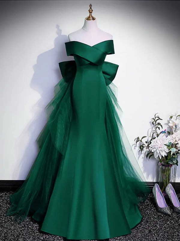 Vintage / Retro Royal Blue Satin Prom Dresses 2024 Trumpet / Mermaid Off-The-Shoulder Sleeveless Backless Bow Floor-Length / Long Formal Dresses