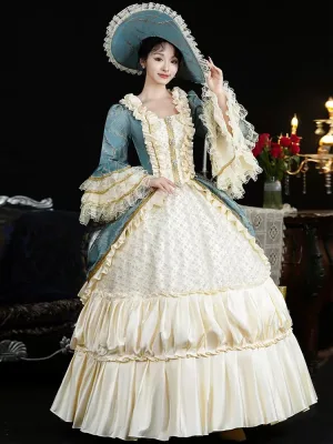Vintage Middelalder Bling Bling Champagne Hav Blå Ballkjoler 2024 3d Lace Beading Lange U Hals Cosplay Langermede Ballkjole Ball