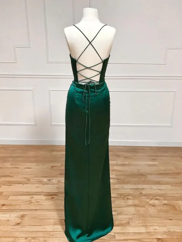 Sexy Dunkelgrün Satin Gespaltete Front Ballkleider Abendkleider 2024 Meerjungfrau Spaghettiträger Ärmellos Rückenfreies Lange Festliche Kleider
