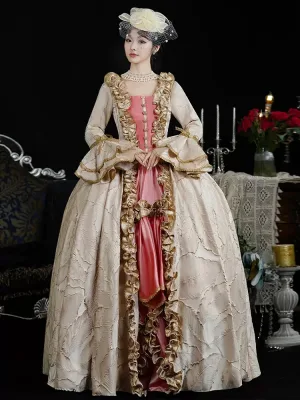 Vintage Retro Medieval Beige Leaf Printing Prom Dresses 2024 Floor Length Long Lace U Neck Cosplay A Line Princess Ball Gown Prom Formal Dresses