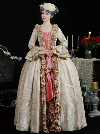 Vintage Originale Médiévale Beige Feuille Impression Robe De Bal 2024 Longue Dentelle U Cou Cosplay Princesse Robe Boule Promo Robe De Ceremonie