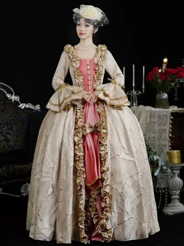 Vintage Originale Médiévale Beige Feuille Impression Robe De Bal 2024 Longue Dentelle U Cou Cosplay Princesse Robe Boule Promo Robe De Ceremonie